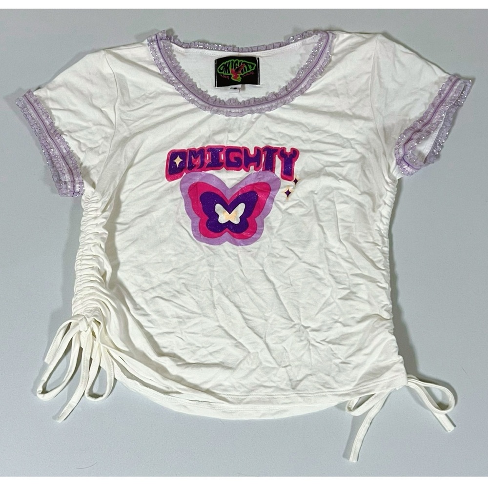 O-Mighty Butterfly Logo Graphic Ruched Short Sleeve T-Shirt Top Tee Size S 🦋✨